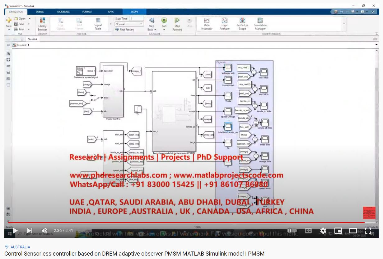 Control Sensorless Controller based on DREM Adaptive Observer PMSM MATLAB SIMULINK Model project simulation thumbnail for Mechanical, EV and Mechatronics Engineering
